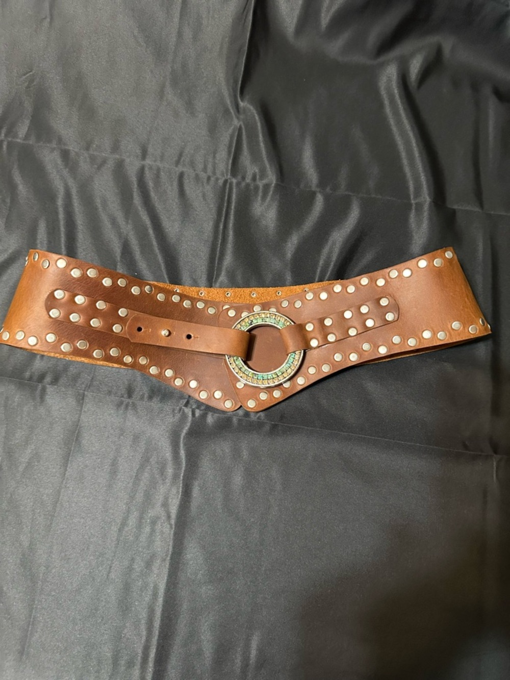 Leatherock Brown Wide Leather Studded Statement Belt with Jeweled Ring